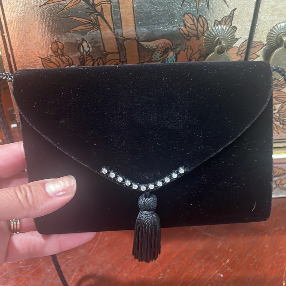 Cute elegant demure Little Black Velvet Mini Purse Bag with Rhinestones & Tassel